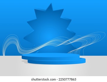 Pantalla de producto azul y blanco. Vector 3D, podio peatonal del cilindro. Escaparate de presentación. Futurista Sci-fi formas geométricas mínimas, escena vacía.
