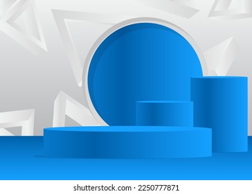 Blue, White product display. Vector 3D room, cylinder pedestal podium. Stage showcase for presentation. Futuristic Sci-fi minimal geometric forms, empty scene.