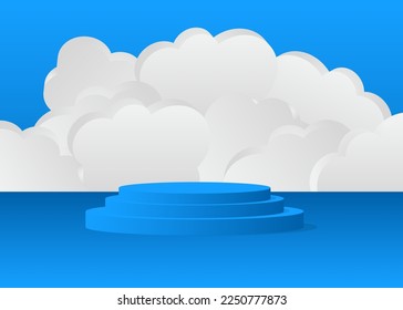 Blue, White product display. Vector 3D room, cylinder pedestal podium. Stage showcase for presentation. Futuristic Sci-fi minimal geometric forms, empty scene.
