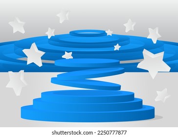 Blue, White product display. Vector 3D room, cylinder pedestal podium. Stage showcase for presentation. Futuristic Sci-fi minimal geometric forms, empty scene.