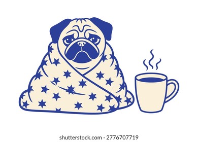 Blue and white pug wrapped in star pattern blanket with a steaming coffee cup