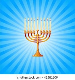 Blue and white radial  background with golden Menorah