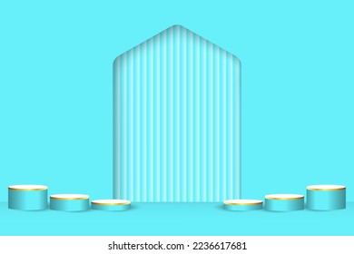 blue and white realistic 3d cylinder stand podium in arch window. Vector abstract studio room with geometric platform. Minimal wall scene for product showcase, Promotion display