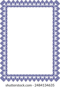 Blue and white rectangular Vertical Islamic Asian Kazakh national ornament ornament frames. A4 format. Kazakh pattern frame, border, decorative ornament of the Kazakh, Kyrgyz, Mongol, Tatar, Uzbek