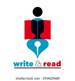 Blue, white, red and black logo for a bookstore, publisher or writing studio - a simple, graphic composition consisting of a book, a quill and a character. 