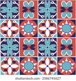 Blue, white, and red damask seamless pattern with decorative flowers and sun in the circle. Portuguese tile azulejo. Vector illustration. Idea for tiles, pottery, and textiles. 