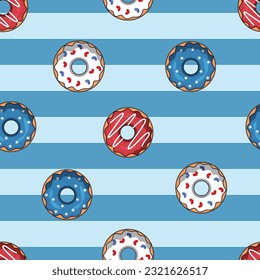 Blue, white, red donut on blue sky background pattern vector graphic. American flag Pattern. 4th of july seamless pattern. American independence day seamless pattern.