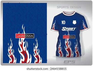 Diseño de patrón de fuego rojo blanco azul, ilustración, fondo textil para camiseta deportiva, maqueta de camisa de camiseta de fútbol para club de fútbol.