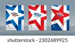 Blue white and red illustration of a folded ribbon in the shape of a five-sided star on gradation background. A4 size book cover template for annual report, magazine, booklet, proposal, portfolio