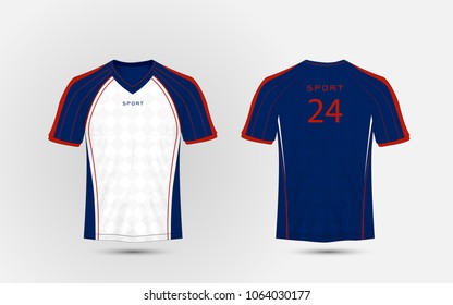 Blue, white and red lines layout football sport t-shirt, kits, jersey, shirt  design template