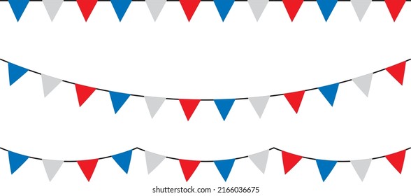 Blue white and red party garlands with pennants. Vector buntings set.