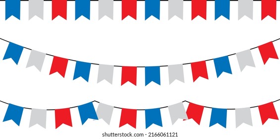 Blue white and red party garlands with pennants. Vector buntings set 