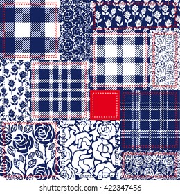 Blue, white and red patchwork. Bohemian style collage made from cotton flaps. Set of seamless vector patterns. Checkered fabrics, vintage roses, floral motifs. Retro textile collection.