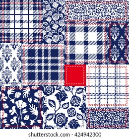 Blue, white and red patchwork. Bohemian style collage made from cotton flaps. Set of seamless vector patterns. Checkered fabrics, vintage roses, wild flowers, damask motifs. Retro textile collection