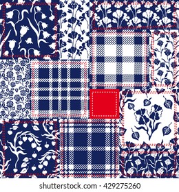 Blaues, weißes und rotes Flickwerk. Böhmische Kollage aus Baumwollklappen. Satz nahtloser Vektorillustration-Muster. Schachgewebe, Vintage-Rosen, Wildblumen. Retro Textilindustrie.