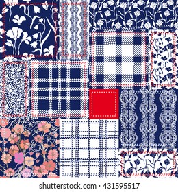 Blaues, weißes, rotes Flickwerk. Böhmische Collage. Boho Cotton Flaps. Nahtlose Muster setzen. Schachmatten, Blühende Kirsche, Wildblumen. Retro Textile Collection. Köchige Pflaster, Blumenmotive.