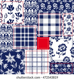 Blue, white, red patchwork. Bohemian collagefrom cotton flaps. Set of seamless vector patterns. Checkered fabrics, vintage roses, wild flowers, damask motifs, ikat ornaments. Retro textile collection.