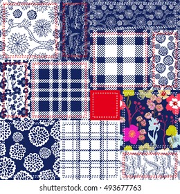 Blue, white and red patchwork. Bohemian style collage made from cotton flaps. Set of seamless vector patterns. Checkered fabrics, vintage poppies, wildflowers, 1950s motifs. Retro textile collection.