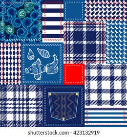 Blue, white, red patchwork with nautical motifs. Bohemian collage from cotton flaps. Set of seamless patterns. Checkered fabrics, seabed, fishes, stripes, jeans pocket. Retro textile collection.