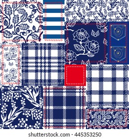 Blue, white, red patchwork. Textile collage. Checkered, floral patterns.