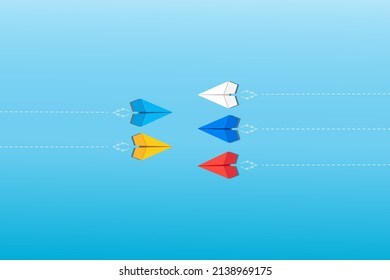 Blue, white, red and yellow paper planes flying in different directions. Disagree, dissenting opinion, conflict of interest, divergent views concepts, have different opinion. Vector background