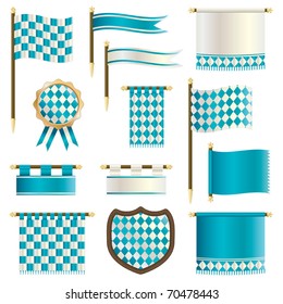 blue and white regal banners, flags and shields isolated on white