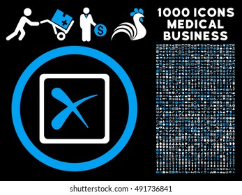 Blue And White Reject vector bicolor rounded icon. Image style is a flat icon symbol inside a circle, black background. Bonus set contains 1000 healthcare business design elements.