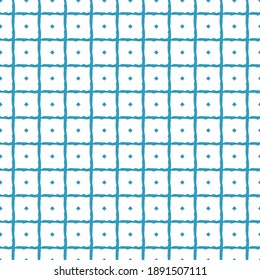 Blue and white repeat seamless pattern. Drawing is composed of rough squares and small square inside