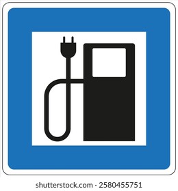 Blue and white road sign displaying charging station symbol promoting electric vehicles and sustainable mobility.