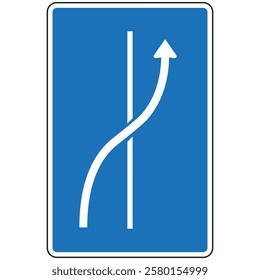 Blue and white road sign indicating an added lane merging with the current lane and continuing straight ahead.