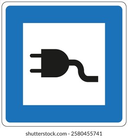 Blue and white road sign indicating electric vehicle charging station promoting sustainable mobility.