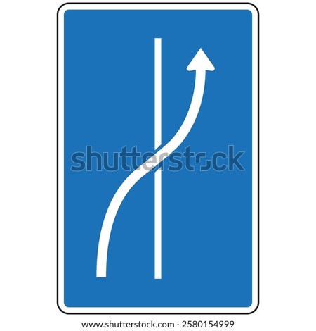 Blue and white road sign indicating an added lane merging with the current lane and continuing straight ahead.