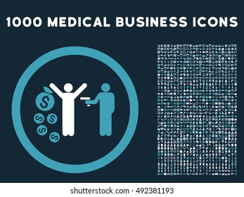 Blue And White Robbery vector bicolor rounded icon. Image style is a flat icon symbol inside a circle, dark blue background. Bonus clip art has 1000 health care business elements.