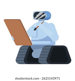 Robô azul e branco está sentado e pintando em uma tela usando um pincel