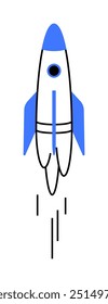 A blue and white rocket with an exhaust trail is launching upwards. Ideal for space exploration, innovation, startup growth, technology, futuristic themes. Minimalist cartoon style.