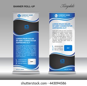 Blue and White Roll up banner stand template flyer for business, advertisement, display, vector