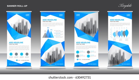 Blue and white Roll Up Banner template design on polygon background, Business flyer, display, vector, banner layout, advertisement, j-flag, pull up, x-banner, flag-banner,  abstract geometric, stand