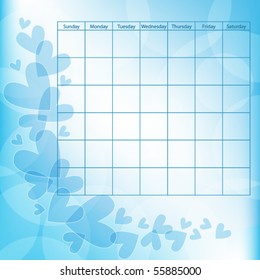 Blue and white romantic vector calendar template with hearts