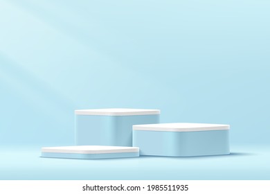 Blue and white round corner cube pedestal podium. geometric platform. Blue minimal wall scene. Pastel color abstract room design. Vector rendering 3d shape for cosmetic product display presentation.