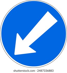 Blue and white round direction sign with arrow passing obstacle on the left side. Illustration made July 10th, 2024, Zurich, Switzerland.