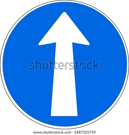 Blue and white round direction sign with straight ahead arrow. Illustration made July 10th, 2024, Zurich, Switzerland.