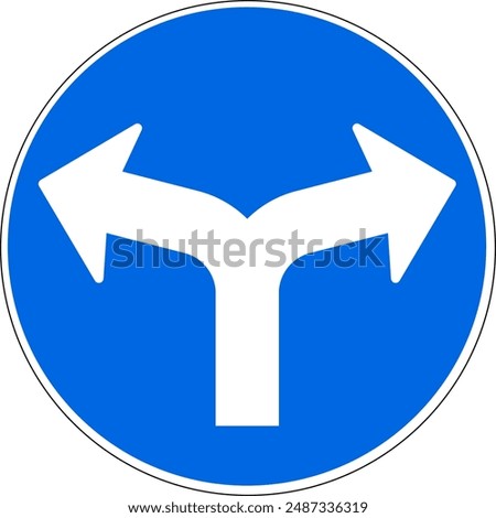 Blue and white round direction sign with arrows only directions allowed right and left. Illustration made July 10th, 2024, Zurich, Switzerland.