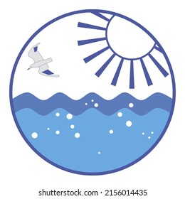 Blue And White Round Emblem For Nautical Theme. Rising Sun Above Ocean Water Level. Flying Seagull Over Blue Ocean Waves. Air Bubbles Rise Through Sea Water. Neptunian Symbol For Nautical Prints.