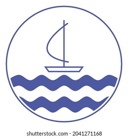 Blue and white round emblem. Sea voyage under sail. Small boat sailing on blue waves. Sailboat contour silhouette. Waves crash on sailboat. Sea washes away everything bad. Idea for marine logo design.