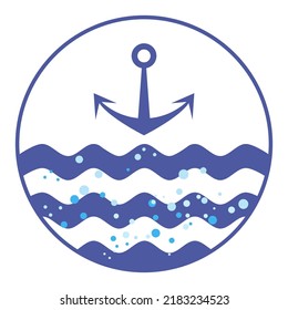 Blue and white round emblem with waves and anchor. Air bubbles rise through ocean water. Anchor symbol as stylish design accent. Sea cruise, sailing travel or navigation theme in nautical colors.