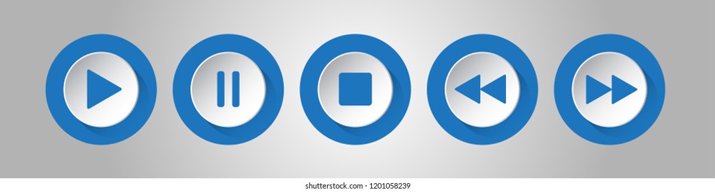 blue, white round music control buttons set - five icons with shadows in front of a silver background