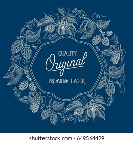 Blue and white round wreath frame composition with text about quality of  original premium lager in the center of card hand drawn sketch vector illustration