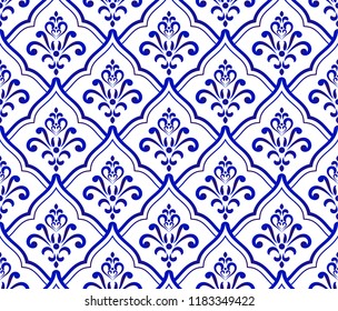 blue and white royal baroque and damask pattern, Seamless background Islamic classic style, vintage elements for design floor and wall, Abstract Orient wallpaper decor vector illustration