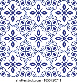blue and white royal damask pattern, Seamless background Islamic classic style, vintage elements for design floor, wall, porcelain, indigo, batik, Abstract Orient wallpaper decor vector illustration