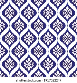 Blue and white royal damask pattern, Seamless background Islamic classic style, vintage elements for design floor and wall, Abstract Orient wallpaper decor vector illustration